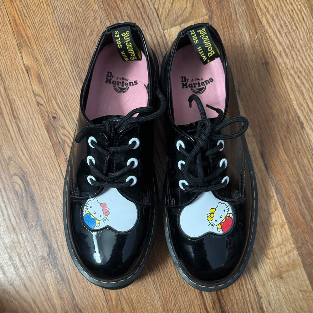 1461 Women’s Dr. Martens Hello Kitty Black Patent Platform Shoes